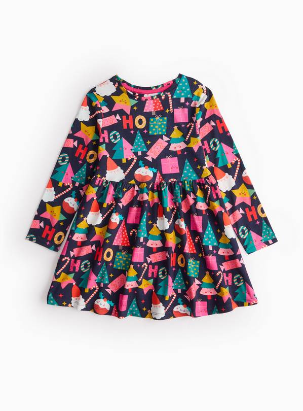 Navy Christmas Print Long Sleeve Jersey Dress 2-3 years